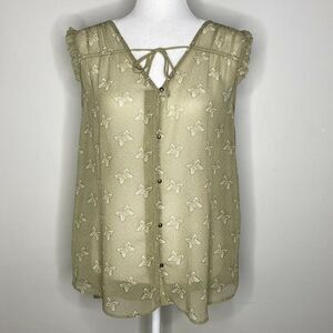Matilda Jane‎ Sheer Tan Butterfly Print Button Up Sleeveless Shirt Size M